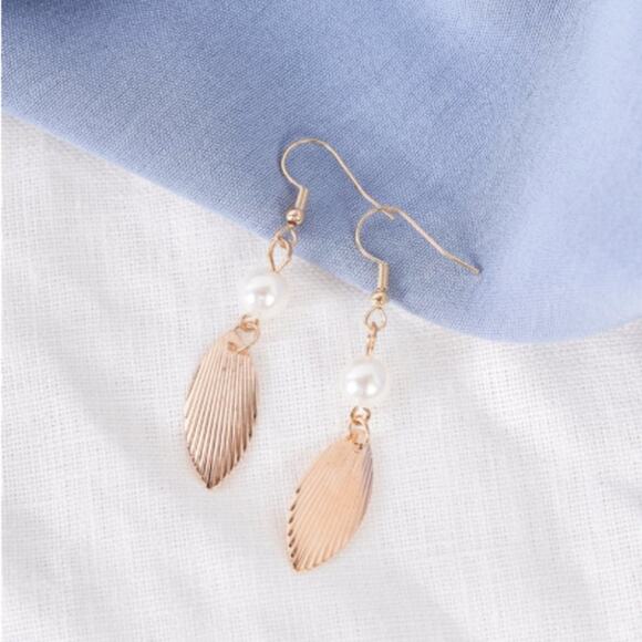 Gold & Pearl Feather Drop Earrings - Picture 2 of 8